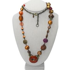 Chico’s Boho Long Necklace Mixed Media Beads Ceramic Pendant 38 Inch